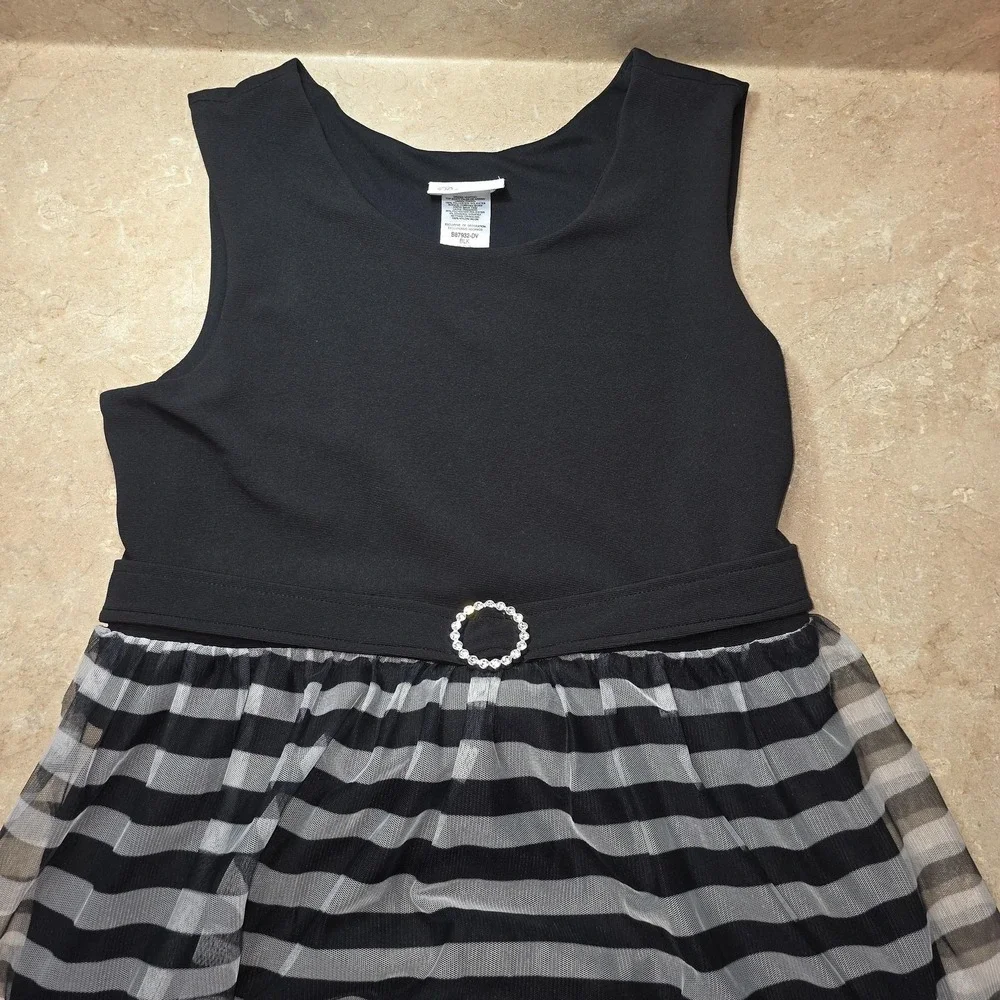 Bonnie Jean Dress Girls 20 Plus Black Stripe Dot Aqua Floral Tulle Belt Party